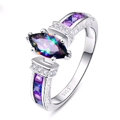 Silver ring with mystic topaz, purple and blue stones. Marquise-cut gemstone ring.