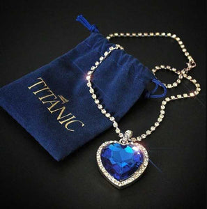 Titanic Blue Crystal Heart on Rhinestone Chain Blue Velvet Bag