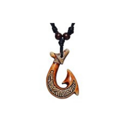 Handmade Maori fish hook necklace from New Zealand with adjustable black cord and brown beads.