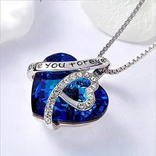Load image into Gallery viewer, Ocean blue crystal heart necklace with &#39;love you forever&#39; engraving and sterling silver plating.
