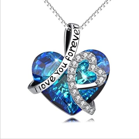 Ocean blue crystal heart necklace with sterling silver plated details and 'I love you forever' inscription.