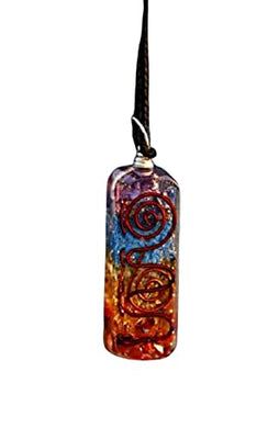 Orgone pendant necklace with chakra stones, copper coils, and a black cord.