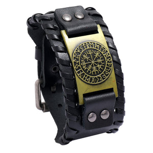 Black leather bracelet with antique bronze Viking compass (Vegvisir) symbol.