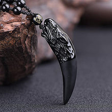 Load image into Gallery viewer, Black obsidian wolf tooth pendant necklace with stone beads.

