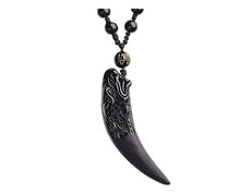 Load image into Gallery viewer, Black obsidian necklace with wolf tooth pendant and obsidian bead chain.
