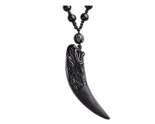 Black obsidian necklace with wolf tooth pendant and obsidian bead chain.