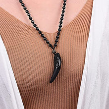 Load image into Gallery viewer, Black obsidian necklace with wolf tooth pendant and stone beads.
