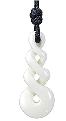 Hand carved white yak bone infinity twist necklace on black cord.