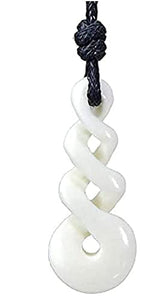 Hand carved white yak bone infinity twist necklace on black cord.