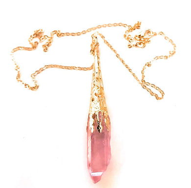Handmade Pink Hematite Crystal Spike Pendant Necklace on Delicate Gold Plated Chain