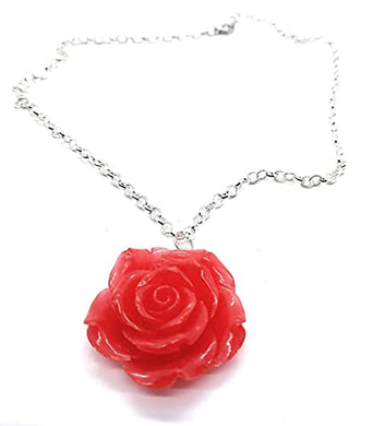 Red rose pendant necklace with silver chain.
