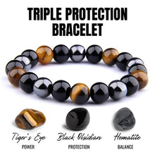 Load image into Gallery viewer, Triple Protection Bracelet with Tiger&#39;s Eye, Hematite, and Black Obsidian beads.
