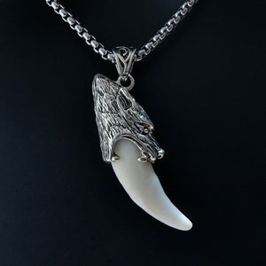 Stainless steel wolf tooth pendant necklace, Tibetan style amulet.
