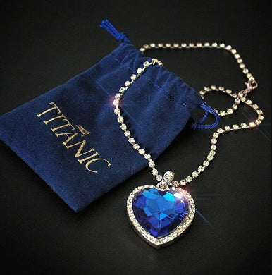 Royal Blue Crystal Titanic Heart of the Ocean Necklace on Rhinestone Chain with Blue Velvet Bag