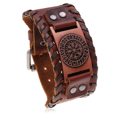 Rugged Brown Leather Bracelet with Red Bronze Viking Compass Symbol The Black Pearl, LLC Norse Nordic Leather Viking Bracelet with Norse Vegvisir Compass Symbol