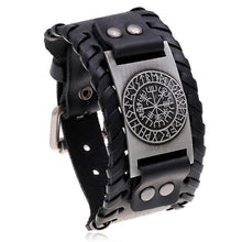 Load image into Gallery viewer, Rugged Black Leather Bracelet with Antique Silver Viking Compass Symbol The Black Pearl, LLC Norse Nordic Leather Viking Bracelet with Norse Vegvisir Compass Symbol
