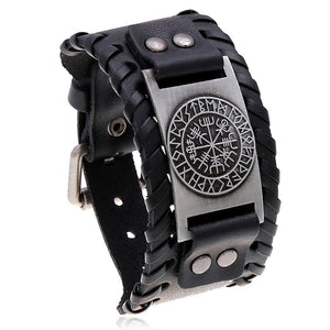 Rugged Black Leather Bracelet with Antique Silver Viking Compass Symbol The Black Pearl, LLC Norse Nordic Leather Viking Bracelet with Norse Vegvisir Compass Symbol