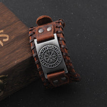 Load image into Gallery viewer, Rugged Norse Nordic Leather Viking Bracelet with Norse Vegvisir Compass Symbol
