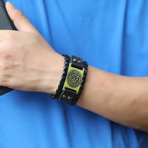 Rugged Norse Nordic Leather Viking Bracelet with Norse Vegvisir Compass Symbol